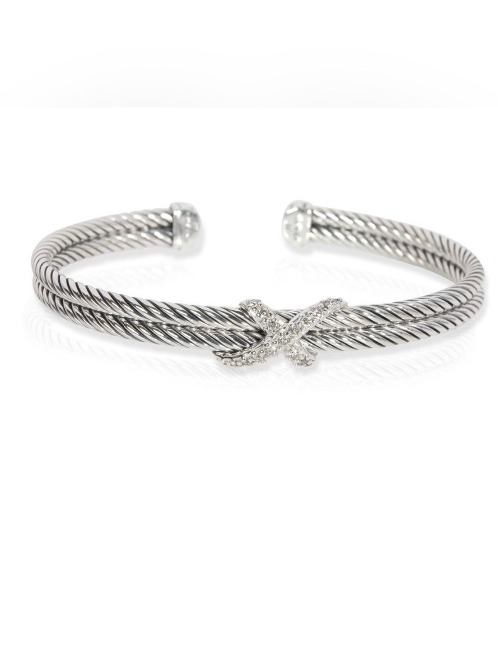 David Yurman Doubke Cable Diamond Pave X Cuff Bracelet - Silver/White Gold